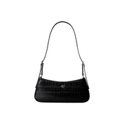 Calvin Klein women black shoulder bag in black crocodile-embossed polyurethane with silver-tone ck logo hardware