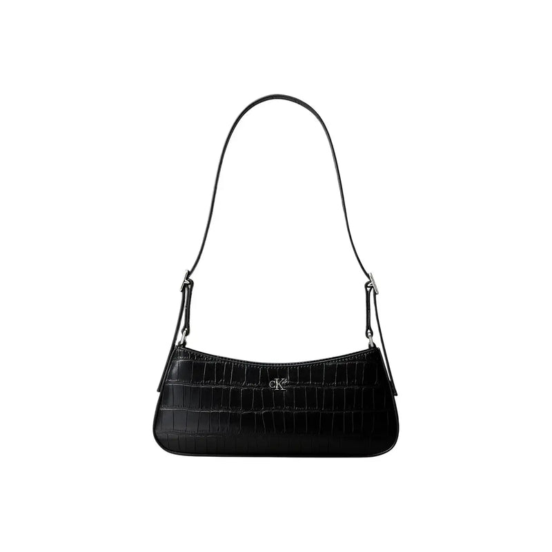 Calvin Klein women black shoulder bag in black crocodile-embossed polyurethane with silver-tone ck logo hardware
