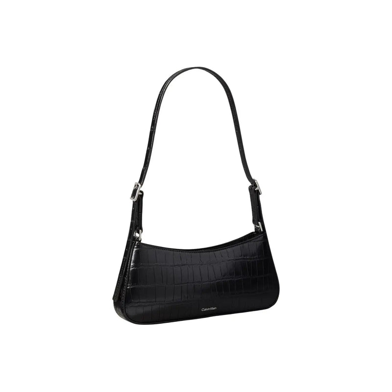 Calvin Klein women black shoulder bag in black crocodile embossed polyurethane leather with silver hardware