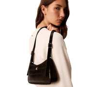 Calvin Klein women black shoulder bag with crocodile-embossed polyurethane and silver-toned hardware