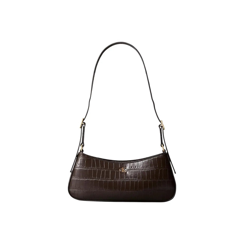 Calvin Klein women black polyurethane small shoulder bag with dark brown crocodile texture and gold-tone hardware