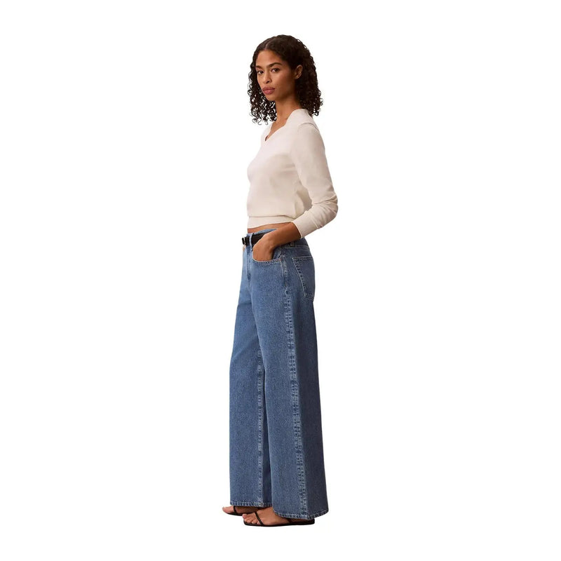 Calvin Klein women blue cotton denim wide-leg jeans with medium wash and visible stitching along side seams