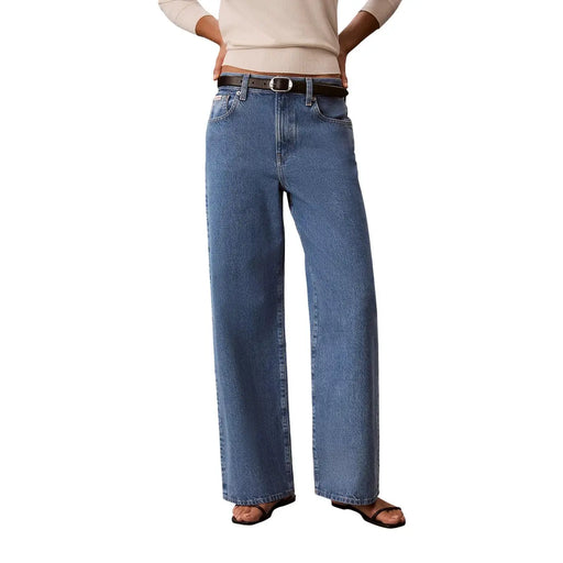 Calvin Klein women blue cotton denim jeans with medium wash wide-leg cut and classic five-pocket design
