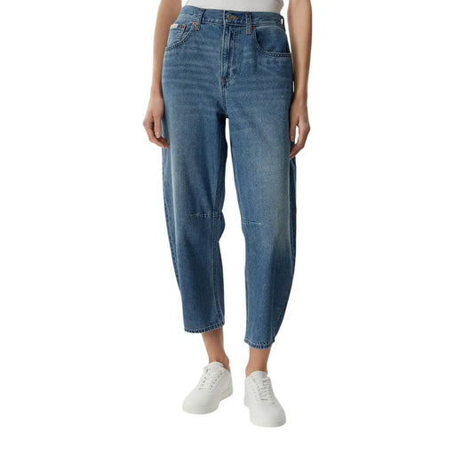 Calvin Klein women blue high-rise cotton denim jeans with relaxed fit and cropped hem in mid-wash color