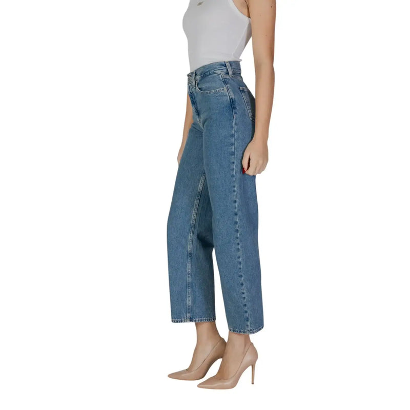 Calvin Klein women blue cotton high-waisted denim jeans with wide-leg cut and cropped hem