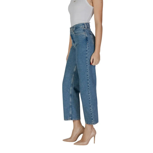 Calvin Klein women blue cotton high-waisted denim jeans with wide-leg cut and cropped hem