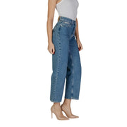 Calvin Klein women blue cotton jeans featuring high-waisted wide-leg denim with classic stitching and visible brand tag