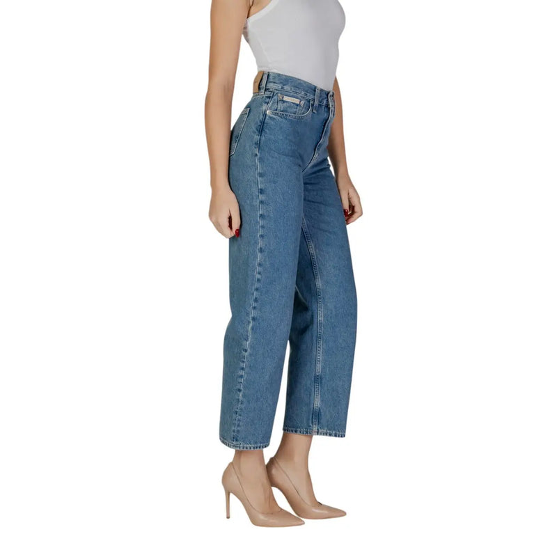 Calvin Klein women blue cotton jeans featuring high-waisted wide-leg denim with classic stitching and visible brand tag
