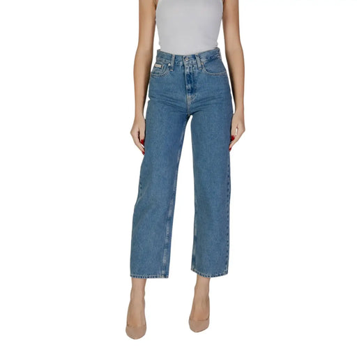 Calvin Klein women blue cotton high-waisted denim jeans with straight-leg cut and cropped hem