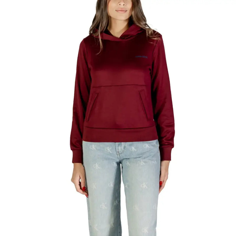 Calvin Klein women Bordeaux hooded fall winter sweatshirt in maroon with front pocket and subtle chest logo