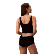 Black calvin klein women boyshort underwear 3 pack with cotton fabric and black cropped tank top with scoop neckline and back cutout