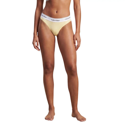 Cream-colored Calvin Klein bikini briefs with white logo waistband in black cotton modal fabric for women