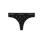Black calvin klein women brazilian thong in cotton modal with repeating white ck logo pattern across the fabric