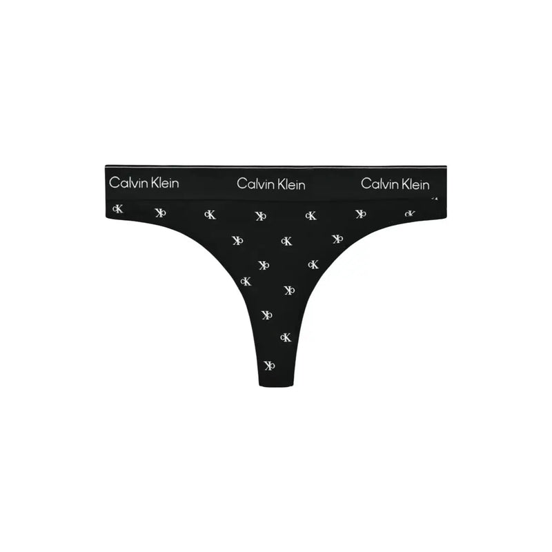 Black calvin klein women brazilian thong in cotton modal with repeating white ck logo pattern across the fabric