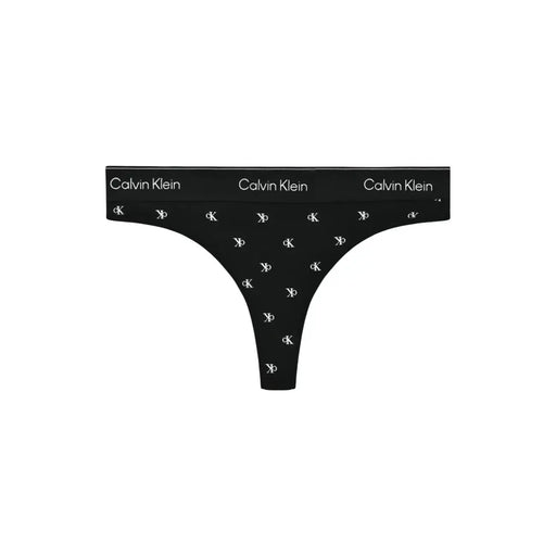 Black calvin klein women brazilian thong in cotton modal with repeating white ck logo pattern across the fabric