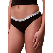 Calvin Klein women Brazilian cotton underwear in black with a white waistband featuring the brand logo