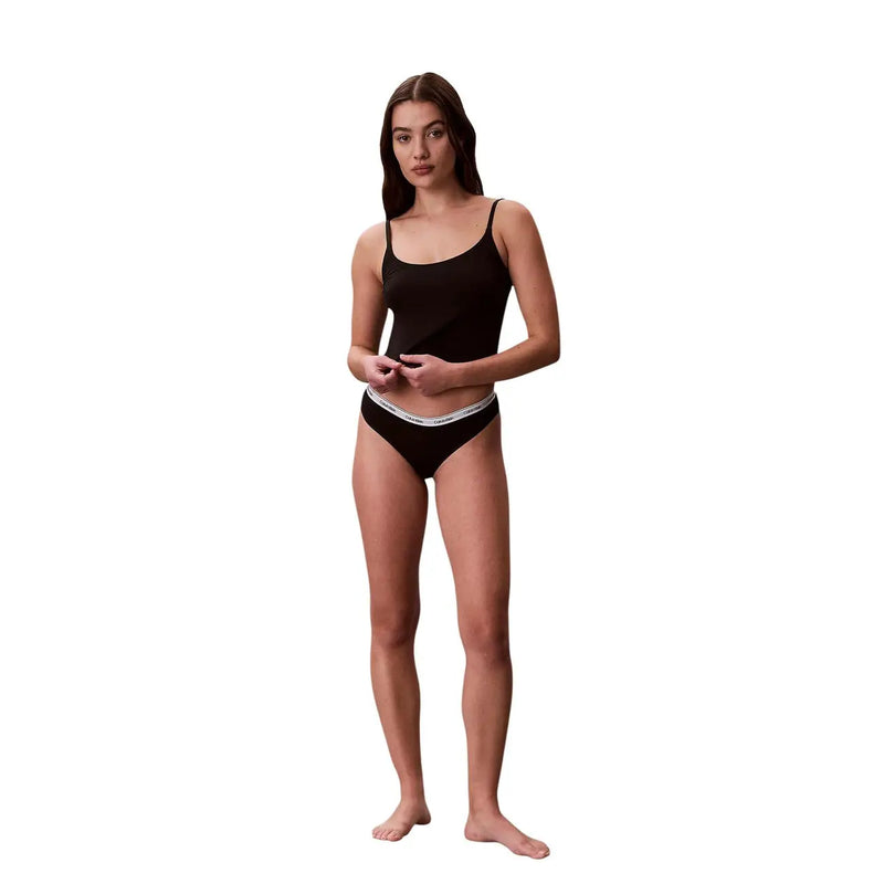 Calvin Klein women Brazilian black cotton underwear with white elastic waistband featuring brand logo in 3 pack