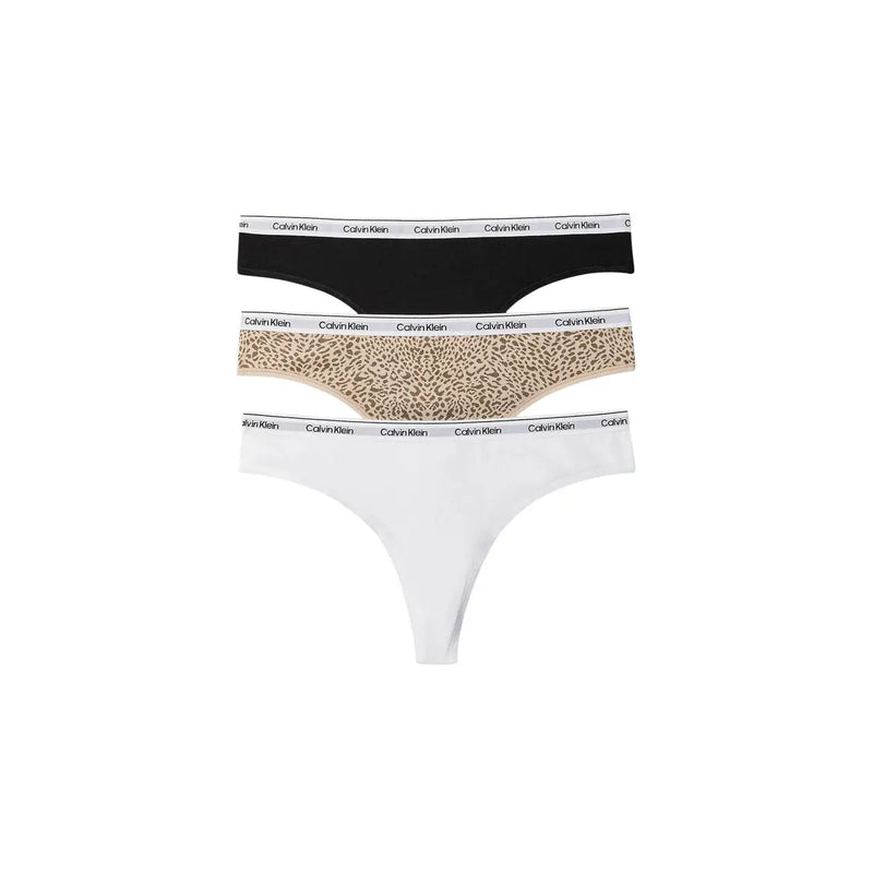 Calvin Klein women Brazilian cotton thong underwear three-pack in black beige leopard and white with branded waistbands