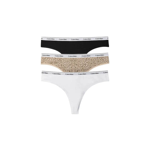 Calvin Klein women Brazilian cotton thong underwear three-pack in black beige leopard and white with branded waistbands