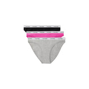 Set of three Calvin Klein women cotton bikini briefs in black pink and heather gray with white logo waistbands