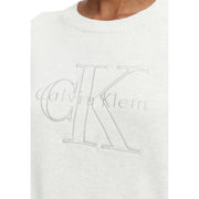 Calvin Klein women cotton knitwear white round neck sweater with subtle embroidered ck logo in light gray thread
