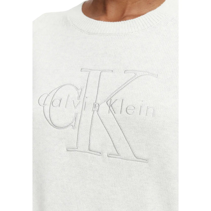 Calvin Klein women cotton knitwear white round neck sweater with subtle embroidered ck logo in light gray thread