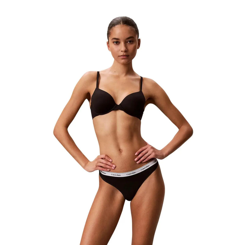 Black calvin klein cotton thong underwear bottom with white waistband featuring brand logo in 3 pack set