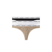 Calvin Klein women cotton thong briefs in black white and beige leopard print with branded waistbands 3 pack