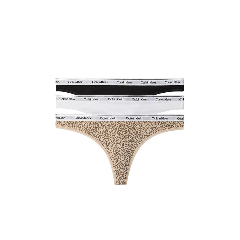 Calvin Klein women cotton thong briefs in black white and beige leopard print with branded waistbands 3 pack