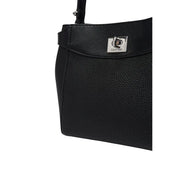 Black textured leather Calvin Klein women crossbody bag with silver-tone rectangular logo clasp made of polyurethane