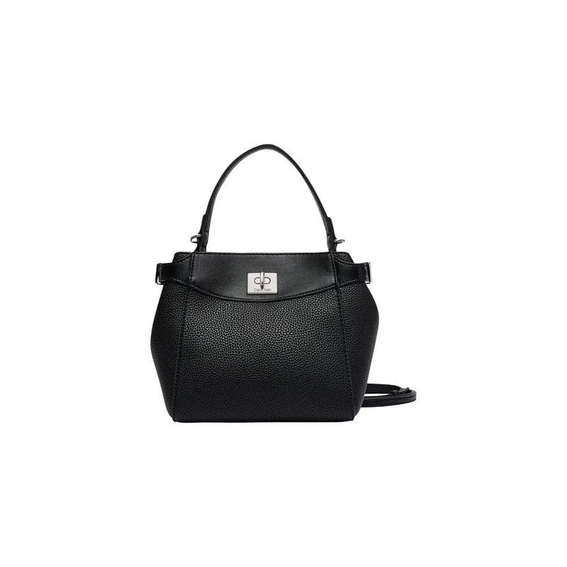 Black textured leather Calvin Klein women crossbody bag with silver-tone logo clasp and top handle in polyurethane