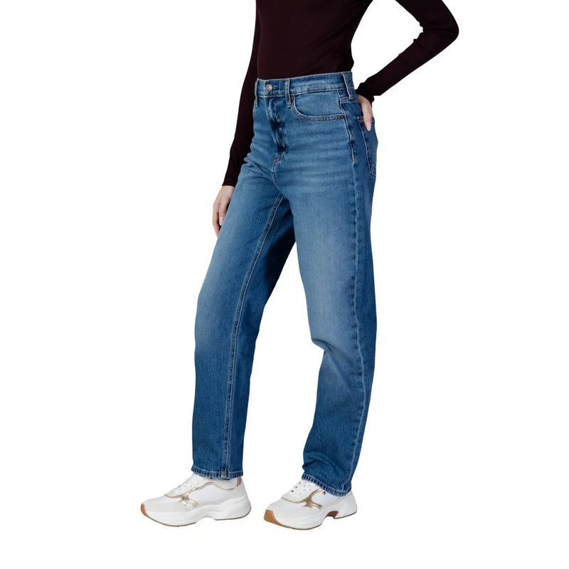 Calvin Klein women denim jeans light blue cotton high-rise straight-leg medium wash with classic stitching and slight fade