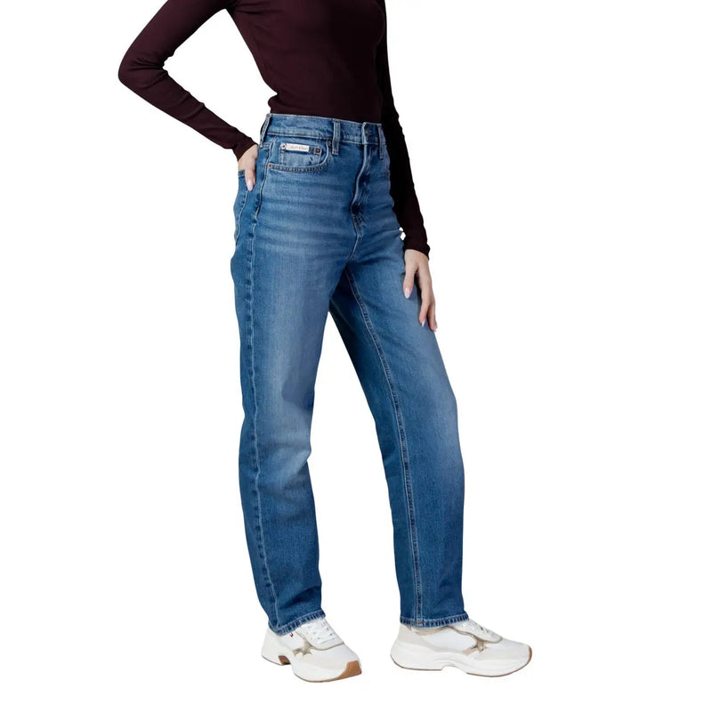 Back view of calvin klein women denim jeans in light blue cotton with high-waisted straight-leg design and brand patch