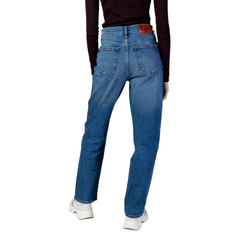 Calvin Klein women denim jeans light blue cotton medium-wash straight-leg with brown leather brand patch at waistband