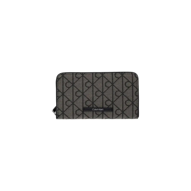 Black Calvin Klein women emblem wallet in polyester with a repeating monogram pattern on textured fabric
