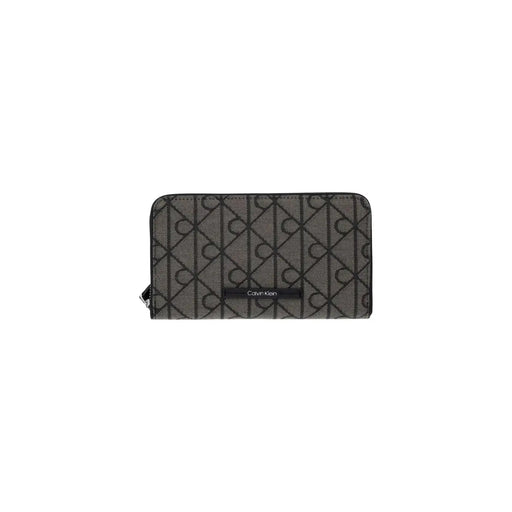 Black Calvin Klein women emblem wallet in polyester with a repeating monogram pattern on textured fabric