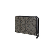 Calvin Klein women emblem wallet in black polyester with sleek dark gray geometric pattern and black zipper trim