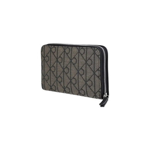Calvin Klein women emblem wallet in black polyester with sleek dark gray geometric pattern and black zipper trim