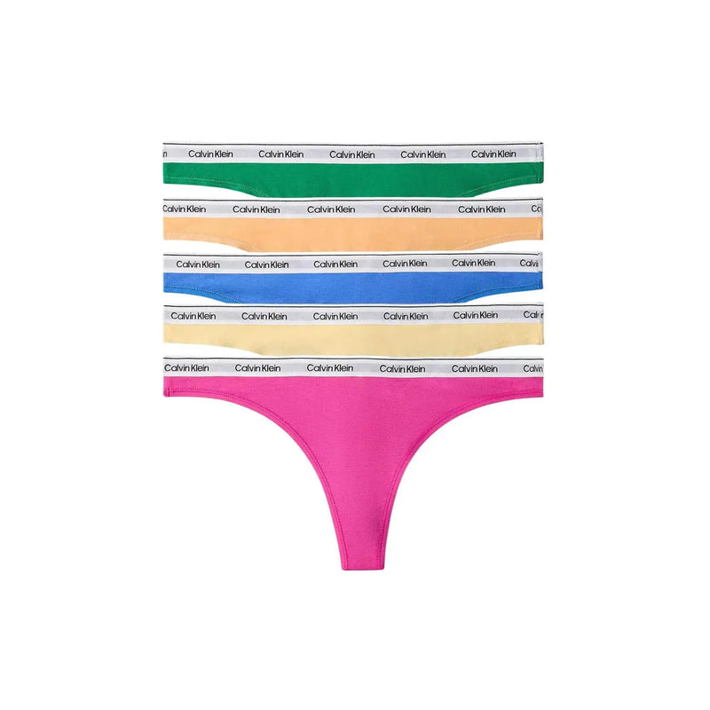 Set of five Calvin Klein women grey cotton thong underwear in vibrant colors with branded waistbands