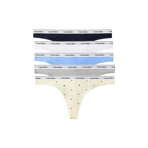 Set of five Calvin Klein women grey cotton thong underwear in navy white light blue gray and cream with star print