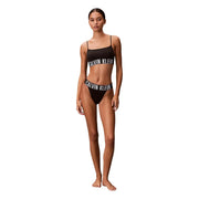 Black calvin klein women high leg thong bikini set in polyester elastane with white logo lettering on top and waistband