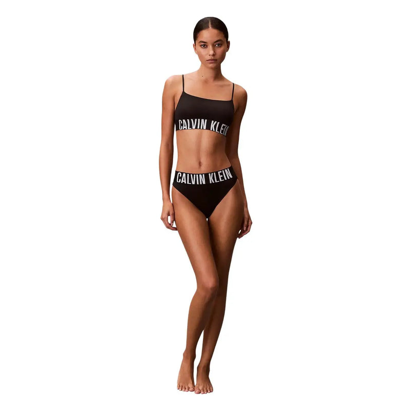 Black calvin klein women high waist bikini underwear set with white lettering made of 92 polyester