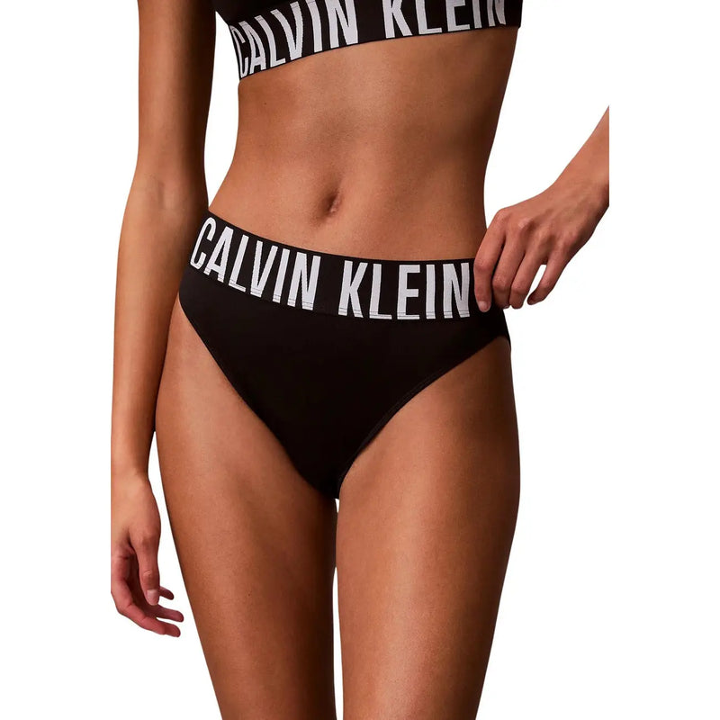 Black Calvin Klein high waist bikini bottom with bold white logo on waistband made of 92 polyester for women