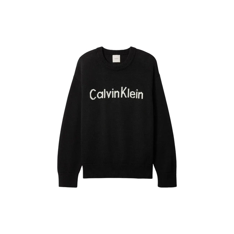 Black Calvin Klein women knitwear sweater with white embroidered logo cotton round neck design