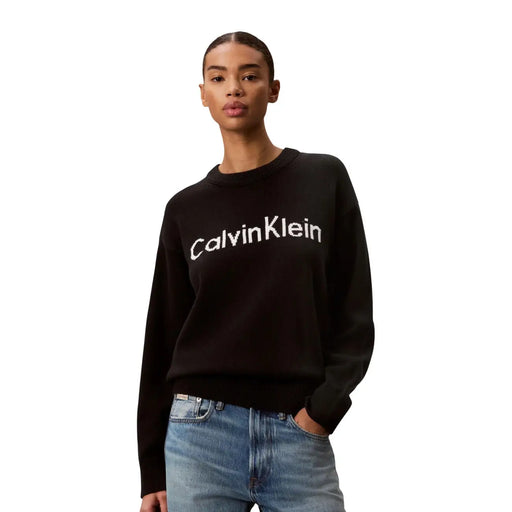 Black calvin klein women knitwear sweatshirt with white embroidered logo made of cotton with round neck design