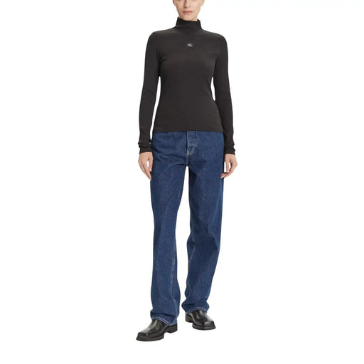 Pull à col roulé en coton noir Calvin Klein pour femme top avec col montant, manches longues et petit logo brodé