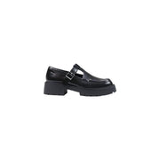 Black leather mary jane loafer with chunky platform sole and silver buckle from Calvin Klein women slip on shoes