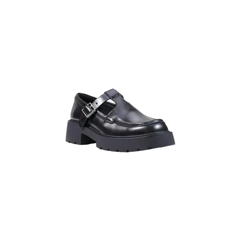 Black leather mary jane shoe by Calvin Klein with chunky platform sole and silver buckle for women slip on use