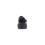 Calvin Klein women leather slip on shoe in black patent leather with chunky platform sole and buckle strap