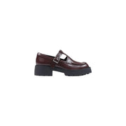Calvin Klein women leather slip on mary jane loafer in dark brown with chunky black sole and silver buckle